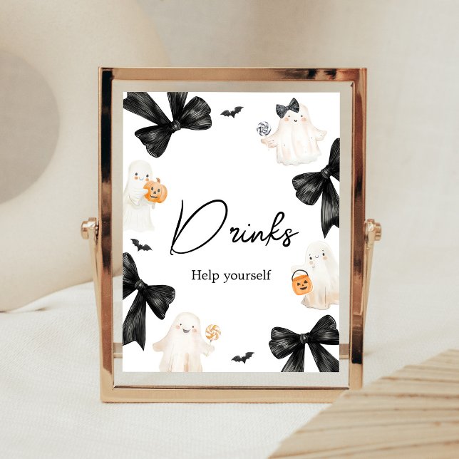 Señal de Bebidas de Halloween Ghost Little Boo (Black Bow Little Boo Halloween Baby Shower Drinks Sign)