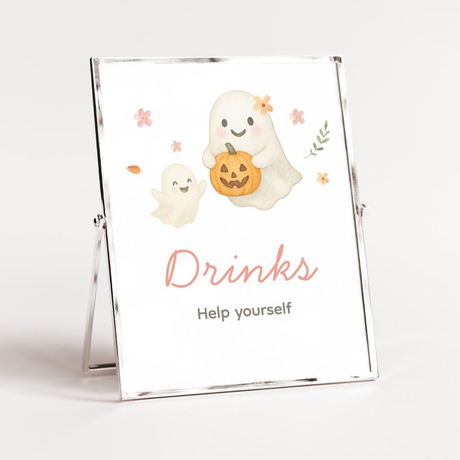 Señal de Bebidas de Halloween Pink Little Boo (Pink Halloween Little Boo Baby Shower Drinks Sign)