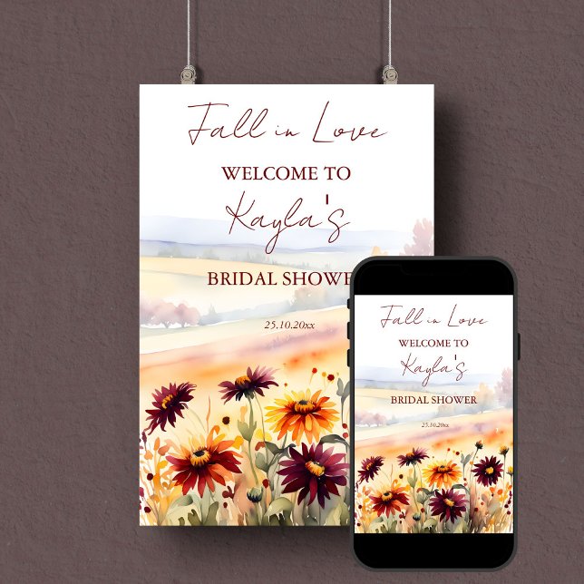 Señal de bienvenida a la ducha de novia dahlias en (Fall in love bridal shower welcome sign template poster digital download burgundy yellow dahlias)