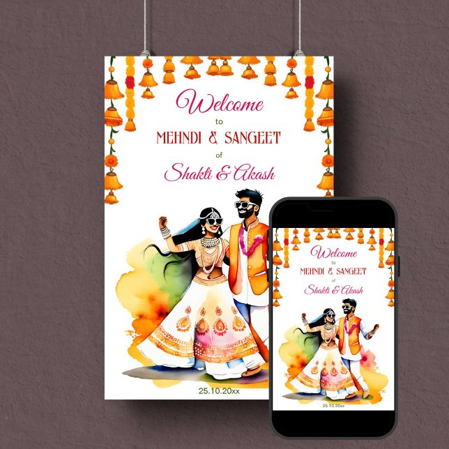 Señal de bienvenida a pareja de novias india Mehnd (Sangeet mehndi Indian wedding welcome sign poster instant download fun Indian dancing bridal couple)
