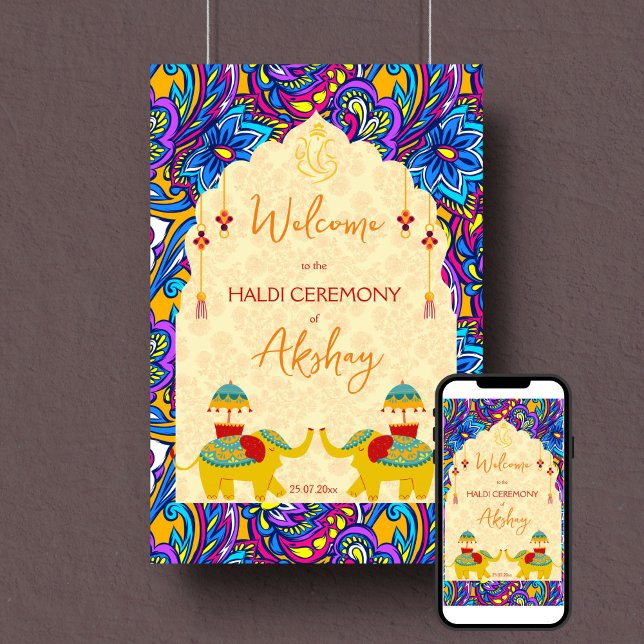 Señal de bienvenida azul para elefantes bodas indi (Haldi welcome sign poster instant download yellow Indian wedding elephants blue oriental pattern)