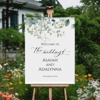 Señal de bienvenida boda y elegante vegetación acu