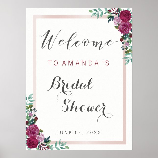Señal de bienvenida Bridal Shower | floral burdeos (Frente)