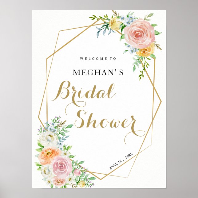 Señal de bienvenida Bridal Shower | oro de flores  (Frente)