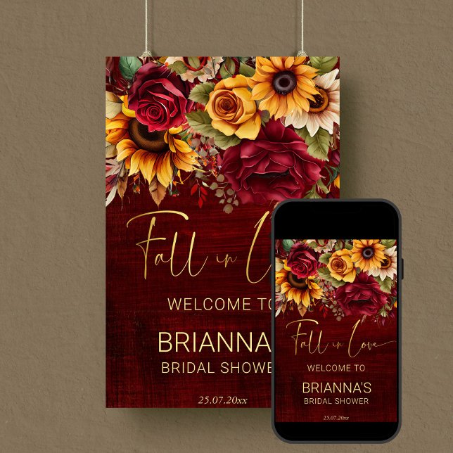 Señal de bienvenida burgundy de la ducha de novia (Fall in love bridal shower burgundy welcome sign editable template poster digital download)