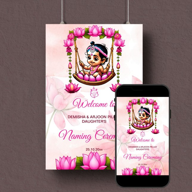 Señal de bienvenida de Baby Girl Naming Namkaran C (Baby girl naming cradle namkaran ceremony template welcome sign poster digital download pink lotus)