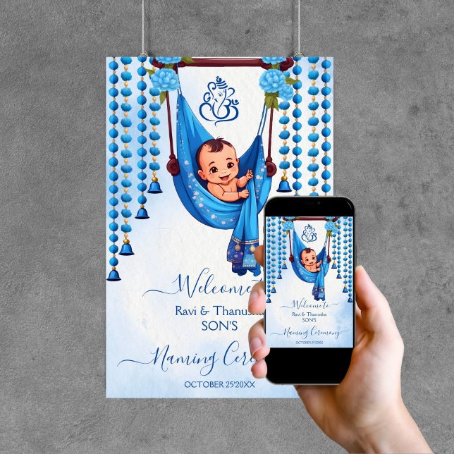 Señal de bienvenida de Baby Naming Cradle Ceremony (Baby Naming Cradle Ceremony blue editable template welcome sign digital download Namkarana Hindu)
