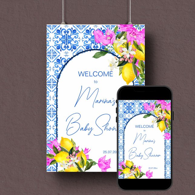 Señal de bienvenida de Baby Shower Blue Tiles Lemo (Baby Shower welcome sign Blue Tiles Lemons editable template welcome sign poster digital download)