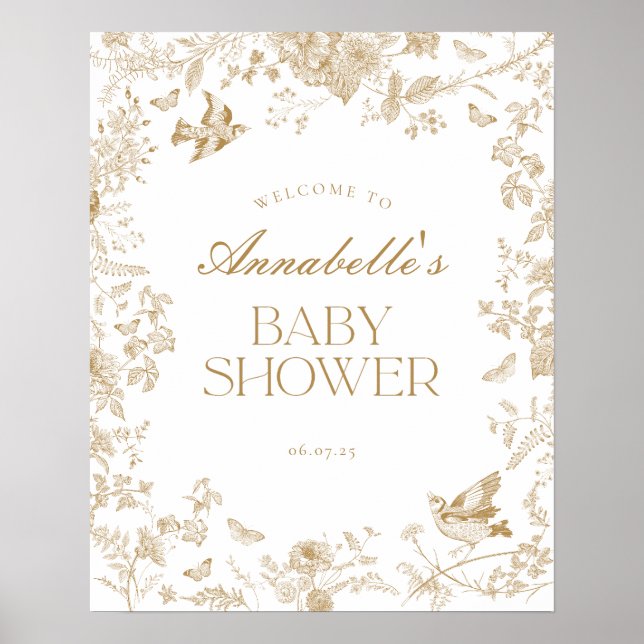 Señal de bienvenida de Baby Shower con flores Gold (Frente)