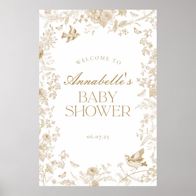 Señal de bienvenida de Baby Shower con flores Gold (Frente)