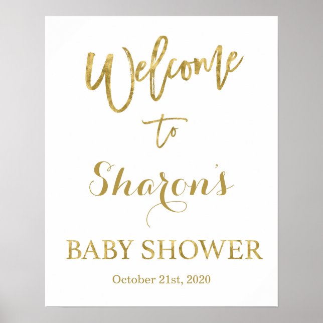 Señal de bienvenida de Baby Shower dorada y blanca (Frente)