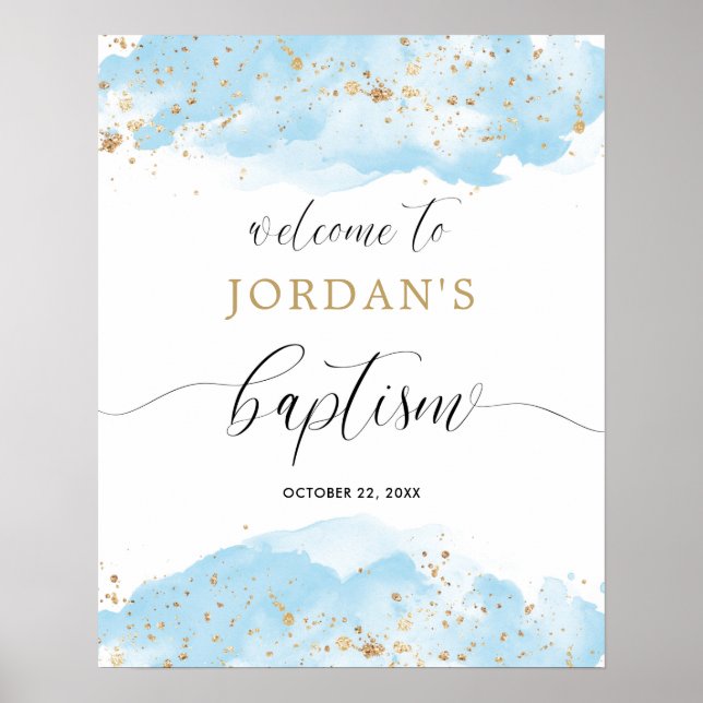 Señal de bienvenida de bautizo de niño dorado azul (Frente)