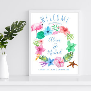 Señal de bienvenida de Beach tropical wreath boda