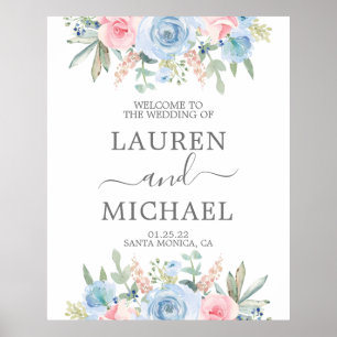 Señal de bienvenida de Boda azul y Rubor