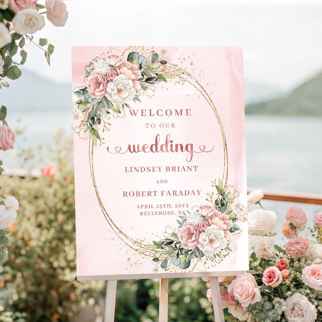 Señal de bienvenida de boda Chic Dusty Pink Rose G (Chic Dusty Pink Rose Gold Wedding Welcome Sign)