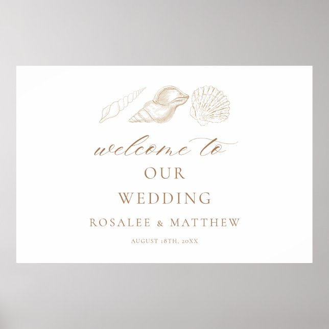Señal de bienvenida de boda con conchas doradas y  (Frente)