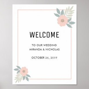 Señal de bienvenida de boda de borde floral rosa /