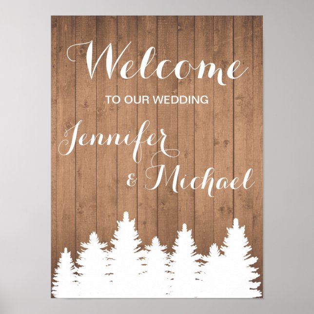 Señal de bienvenida de boda de grano de madera rús (Frente)