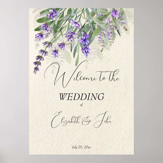 Señal de bienvenida de boda de lavanda rústica (Frente)