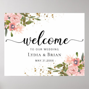 Señal de bienvenida de Boda de oro y rosas rosadas