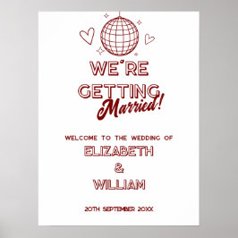 Señal de bienvenida de boda disco retro rojo moder