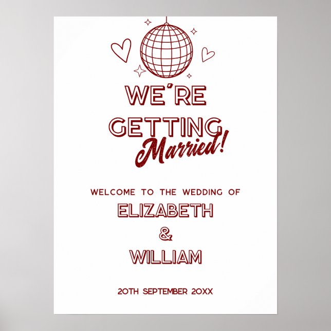 Señal de bienvenida de boda disco retro rojo moder (Frente)