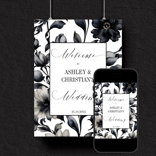 Señal de bienvenida de boda elegante en blanco y n (Black and white vintage flowers simple elegant wedding template welcome sign digital download)