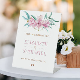 Señal de bienvenida de boda en jardín de primavera