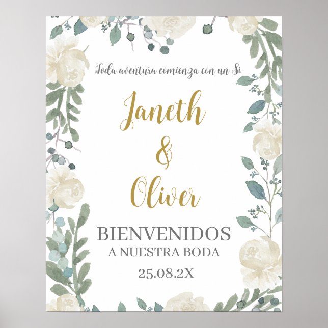 Señal de bienvenida de boda floral blanco en españ (Frente)