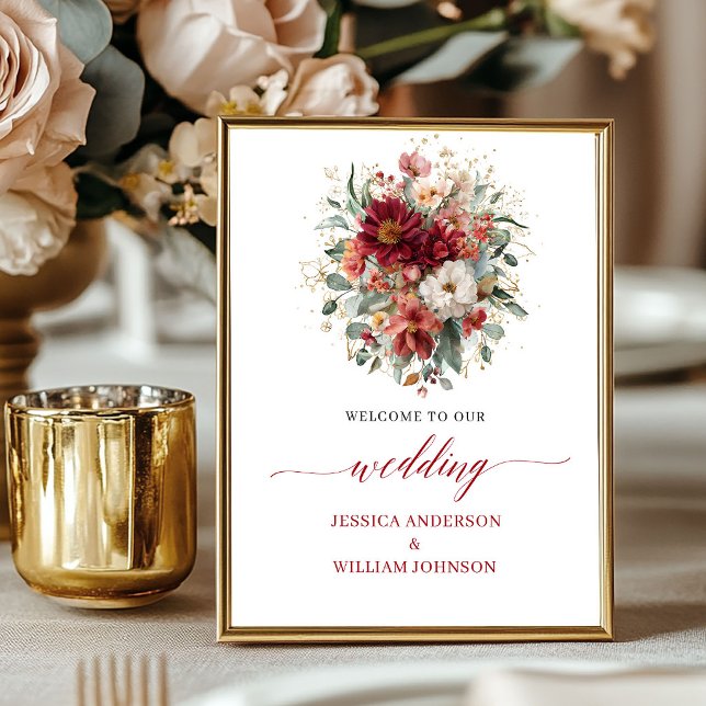 Señal de bienvenida de boda floral de otoño rojo p (Deep Red Autumn Floral 8x10 Boho Wedding Welcome Sign

)
