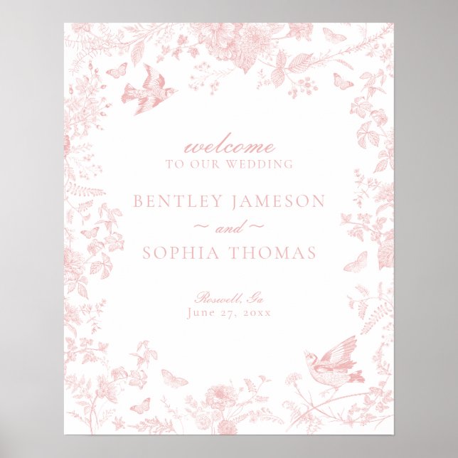 Señal de bienvenida de Boda floral Rosa De Jouy (Frente)