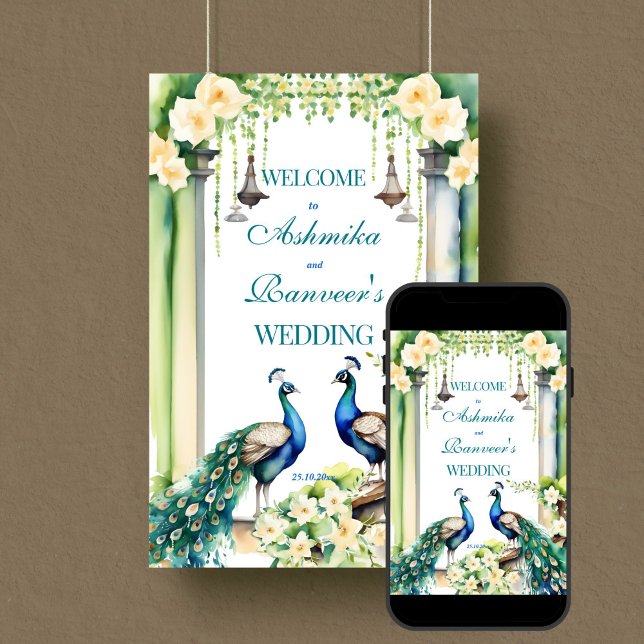 Señal de bienvenida de boda indio Peacock jasmine (Peacock jasmine Indian wedding welcome sign editable template digital download gajra garlands arch)