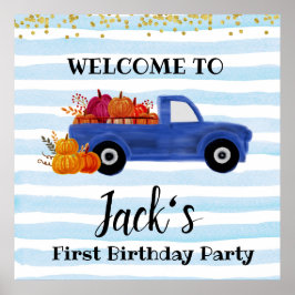 Señal de bienvenida de camión de calabaza azul