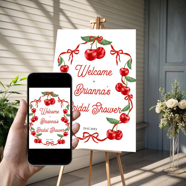 Señal de bienvenida de cerezo en la parte superior (Cherry on top ribbon coquette  bridal shower welcome sign poster template instant download)