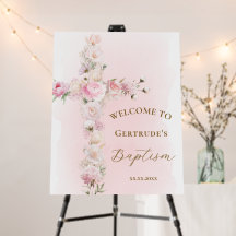 señal de bienvenida de cruz floral rosa de bautism
