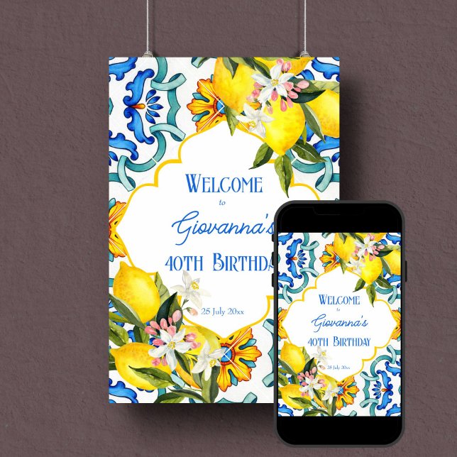 Señal de bienvenida de cumpleaños de azulejos azul (Majolica blue tiles lemons birthday welcome sign editable template poster instant digital download)