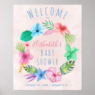 Señal de bienvenida de ducha de bebé rosa tropical