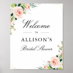 Señal de bienvenida de ducha de novia con flores d