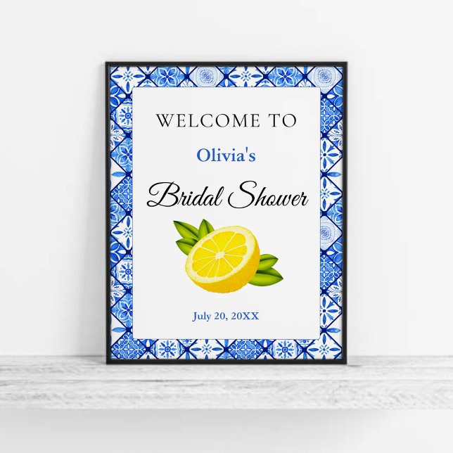 Señal de bienvenida de ducha de novia con mosaico  (Mediterranean Italian Blue Tile Bridal Shower Welcome Sign   )