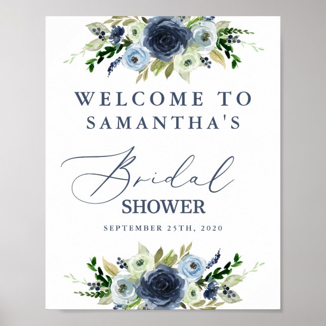 Señal de bienvenida de ducha de novia floral azul (Frente)
