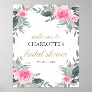 Señal de bienvenida de ducha de novia floral rosa