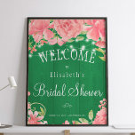 Señal de bienvenida de ducha de novia rústica de m<br><div class="desc">Moda y poster elegante de señalización de ducha de novia con peonías rosadas ruidosas rústicas y luces brillantes de centelleo sobre fondo de madera verde helecho. Ideal para el verano de primavera | jardín |otoño | duchas caseras de temática rústica.</div>