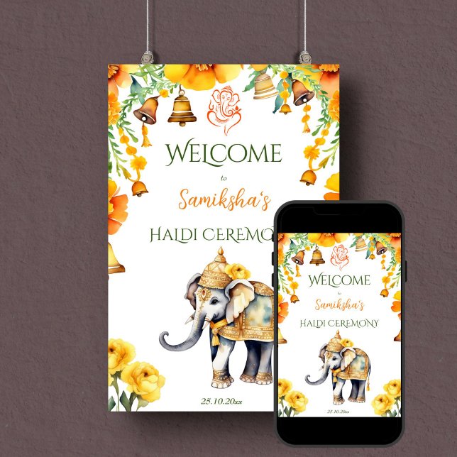 Señal de bienvenida de elefante boda indio Haldi (Indian wedding elephant Haldi welcome sign editable template poster digital download yellow flowers)