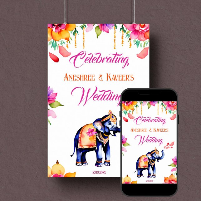 Señal de bienvenida de elefante ornamentado boda i (Indian wedding elephant welcome sign poster instant download cerise flowers ornate elephant)