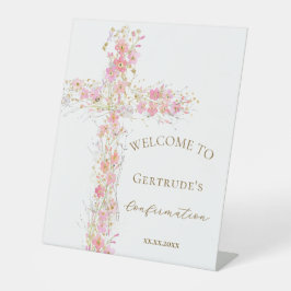 señal de bienvenida de flores rosadas de confirmac