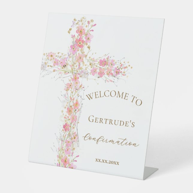 señal de bienvenida de flores rosadas de confirmac (Anverso)