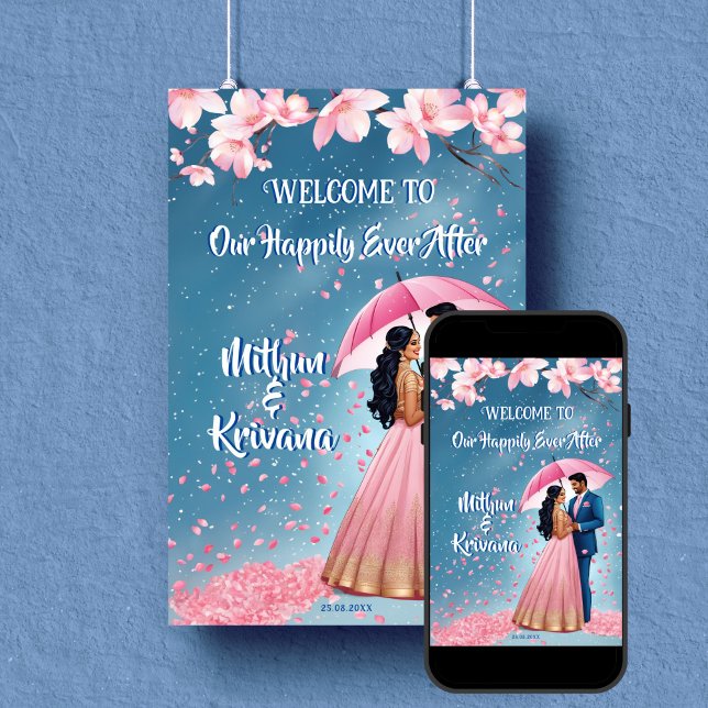 Señal de bienvenida de la boda sur de India (South Indian wedding reception welcome sign poster editable template digital download couple cartoon)