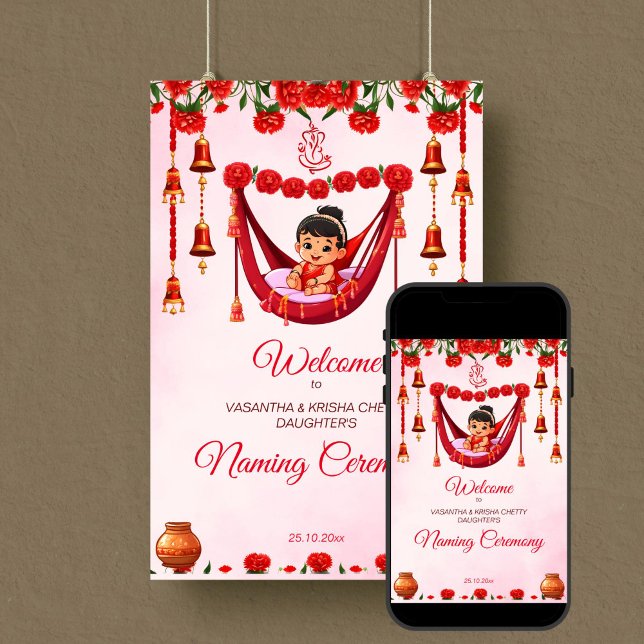 Señal de bienvenida de la ceremonia de cuna con el (Baby Girl Naming Cradle Namkaran Ceremony editable  welcome sign template poster digital download)