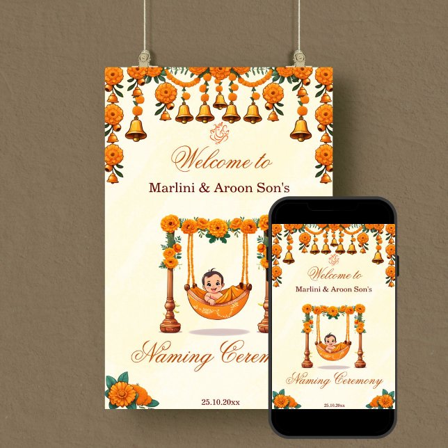 Señal de bienvenida de la ceremonia de cuna con no (Baby naming cradle namkaran ceremony welcome sign editable template digital download marigolds crib)