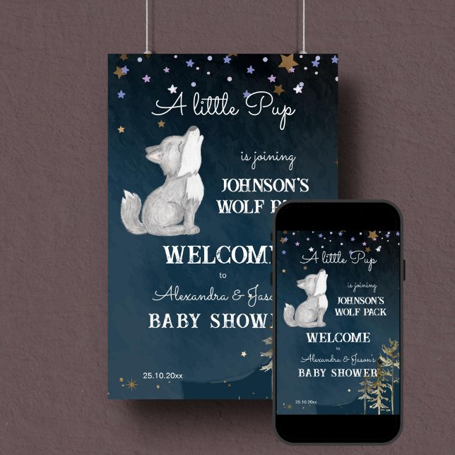 Señal de bienvenida de la ducha con temática de lo (Wolf themed baby shower welcome sign poster digital download cute howling wolf cub starry night)